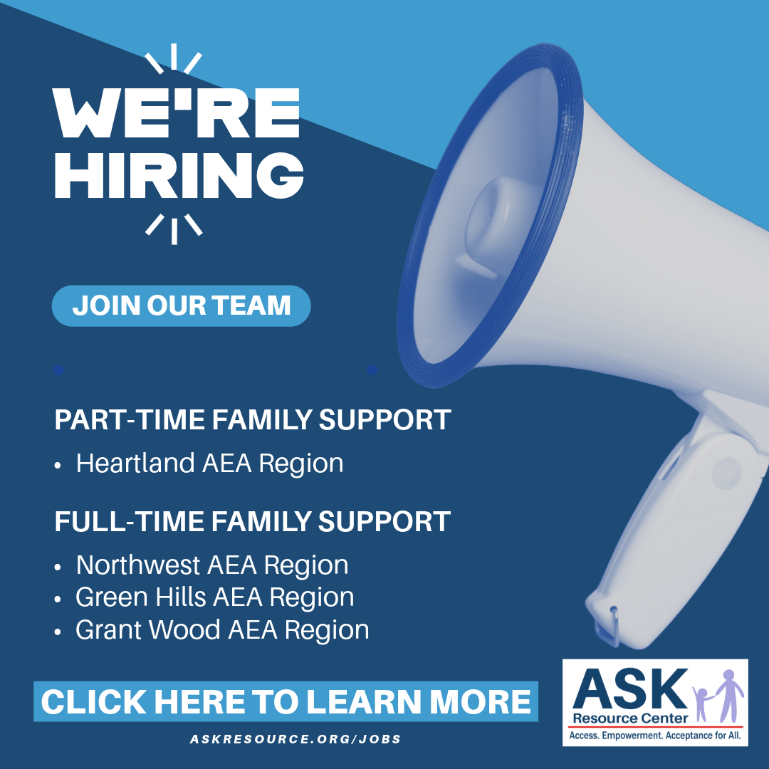 ASK Resource Center hiring announcement with open Family Support roles in the Heartland and Keystone AEA regions